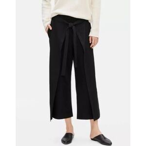 Eileen Fisher Black Wide Leg Crop Pants XS Wrap Tie Front Pull On Knit Trousers